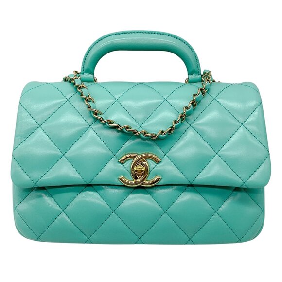 Chanel 2024 Turquoise / Gold Hardware Quilted Lambskin Leather Coco Trip Top Han - Picture 1 of 16